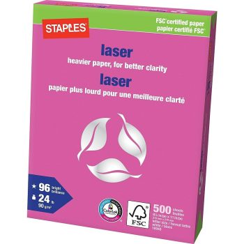 Staples FSC-Certified Laser Paper, 24 lb, 8.5" x 11", White, 500 Sheets