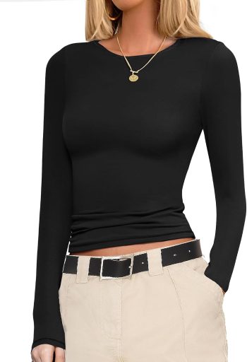 Ekouaer Long Sleeve Shirt Women Fitted Underscrub Top Thermal Undershirt