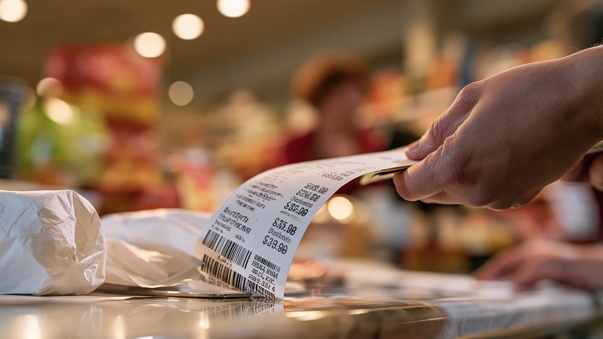 Shopper holding a long grocery receipt over a store checkout counter